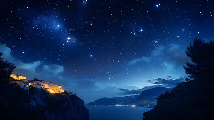 Fototapeta premium A peaceful night sky with stars shining brightly, creating a vast and breathtaking celestial scene that captures the essence of wonder and calm.
