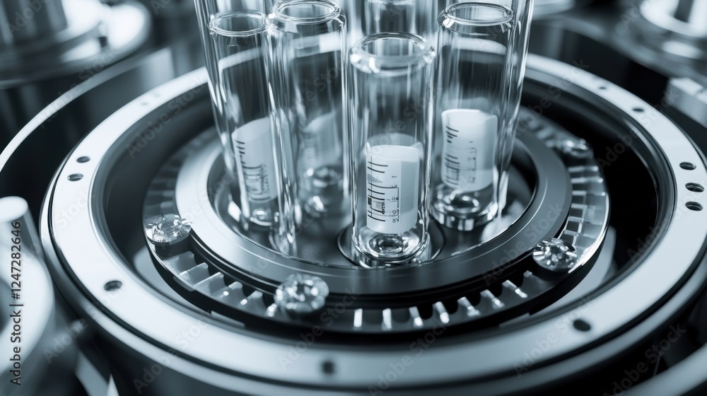 Poster close up of a high tech laboratory device holding multiple glass test tubes with barcode labels. the