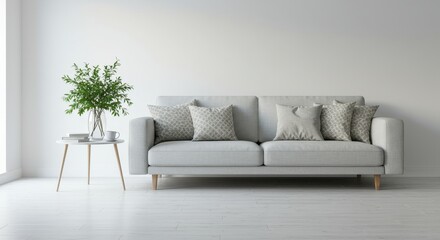 A minimalist living room with a light gray sofa adorned with patterned cushions