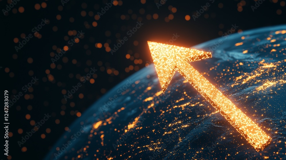 Poster golden arrow design symbolizing progress over earth with shimmering background