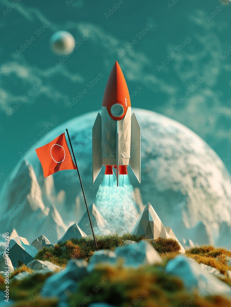 Aufkleber start up concept with abstract polygonal planet, launching rocket ship and flag with text. 3d render
