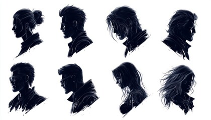 Silhouettes depict a range of individual characters with distinct hairstyles and profiles