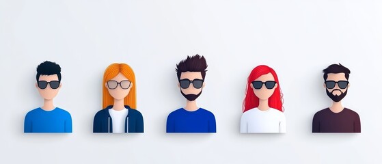 Five colorful cartoon characters with sunglasses showcase a variety of hairstyles and outfits