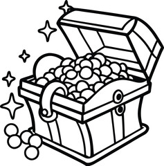 A black and white treasure chest overflowing with jewels.