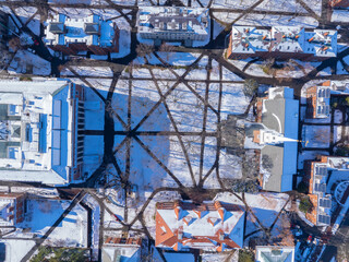 Old Harvard Yard aerial view in winter including Memorial Hall, Memorial Church, Widener Library and University Hall in historic center of Cambridge, Massachusetts MA, USA. 
