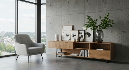 A sleek and modern space with a light gray armchair placed near a wooden console table