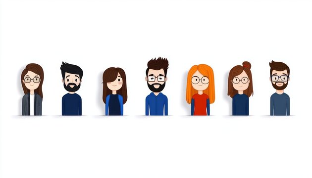 Animated characters with different hairstyles and clothing, showcasing diversity and style