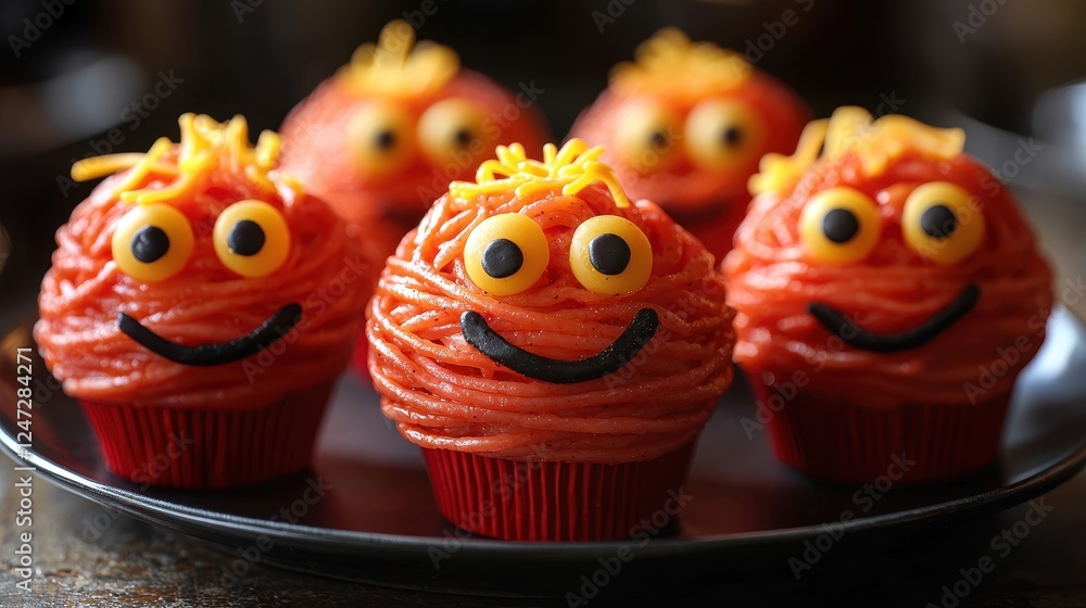 Poster colorful cupcakes designed to resemble playful characters with smiling faces.