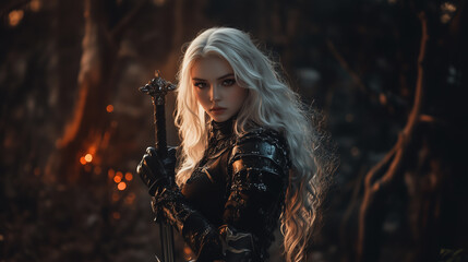 young woman with white hairs and a sword