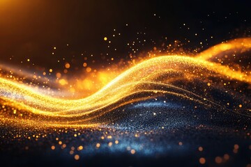 Obraz premium Vibrant golden waves of light flowing across a dark background in a digital abstract design