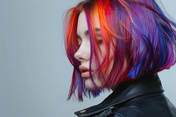 Wind-swept rainbow bob hairstyle, red and blue gradient tones, soft face expression, leather jacket style, edgy mood, colorful hair in motion, cool lighting, dynamic portrait