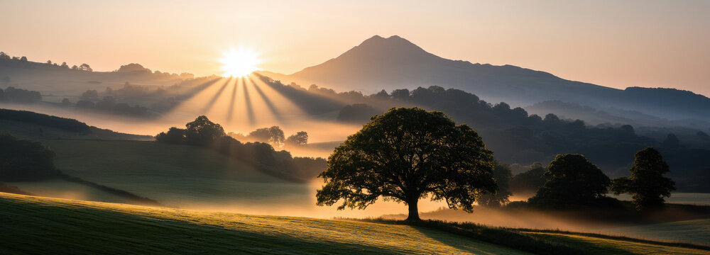 Serene sunrise over rural landscape with misty hills and large tree - Powered by Adobe