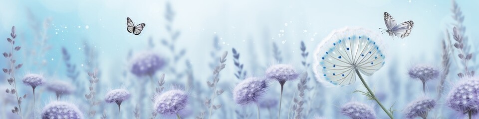 Obraz premium Dreamy spring meadow with dandelions, butterflies and purple wildflowers in morning fog. Spring equinox background. Easter and Mother's day floral design. Nature scenery for romantic greeting cards
