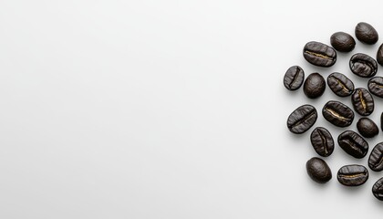 Dark roasted coffee beans scattered on a clean surface, highlighting their glossy finish