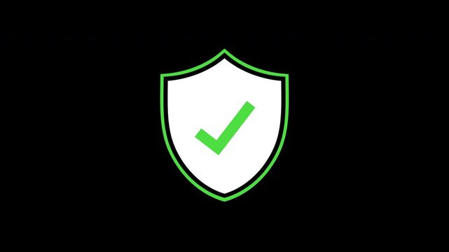 An animated reveal of a shield icon that includes a 
 green checkmark with effects, set against a black background with an alpha channel.