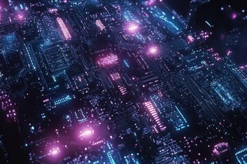 Obraz premium Cyberpunk-inspired aerial view of a neon-lit futuristic cityscape at night.