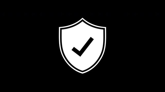 An animated reveal of a shield icon that includes a checkmark, set against a black background with an alpha channel.