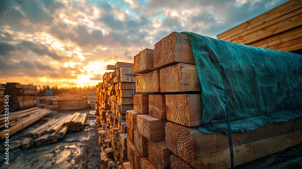 Aufkleber as the sun sets, warm light bathes the lumber yard filled with neatly stacked timber. coupled with d