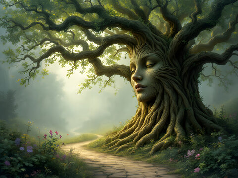 An enchanted tree with a face in a mystical forest, creating a serene and magical atmosphere.