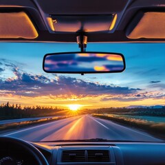 View from the inside of a car on the highway at sunset.