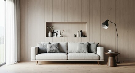 A modern living room with a low profile white sofa featuring gray cushions