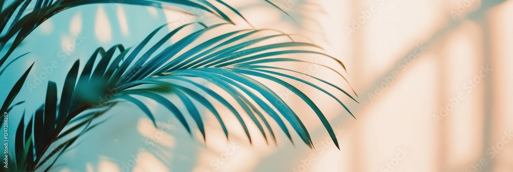 Poster tropical foliage casting serene shadows on light summer fabrics during a warm afternoon. generative 