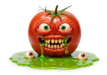 Halloween monster tomato with diabolical eyes and teeth oozing green slime - isolated on white