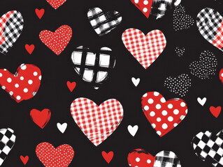 Colorful hearts in various patterns on black background create playful and romantic design. mix of polka dots, checks, and solid colors adds whimsical touch