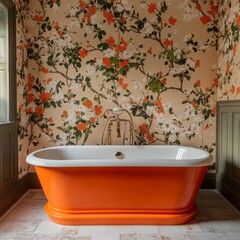 Bathroom interior with orange bathtub and floral wallpaper on wall