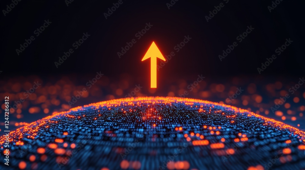 Poster vibrant digital grid with encased elements and upward arrow for futuristic concepts