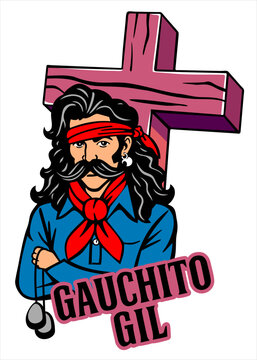 Gauchito Gil, folk religious figure from Argentina. Argentinian folklore. Folk religion person. Vector isolated illustration with lettering