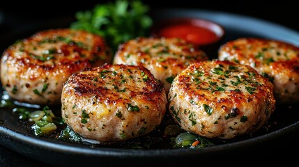 Five golden-brown patties garnished with herbs and served with sauce.