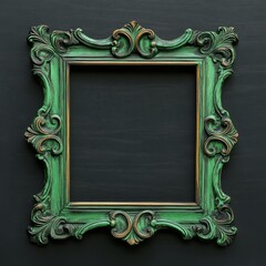 Green vintage frame on the black wall with decorative elements. 3d rendering
