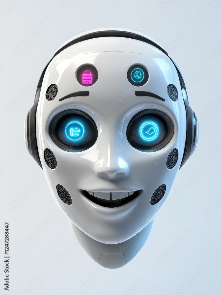 Poster chatbot avatar. chat bot head with different emotions and symbols on face. ai chatbots set