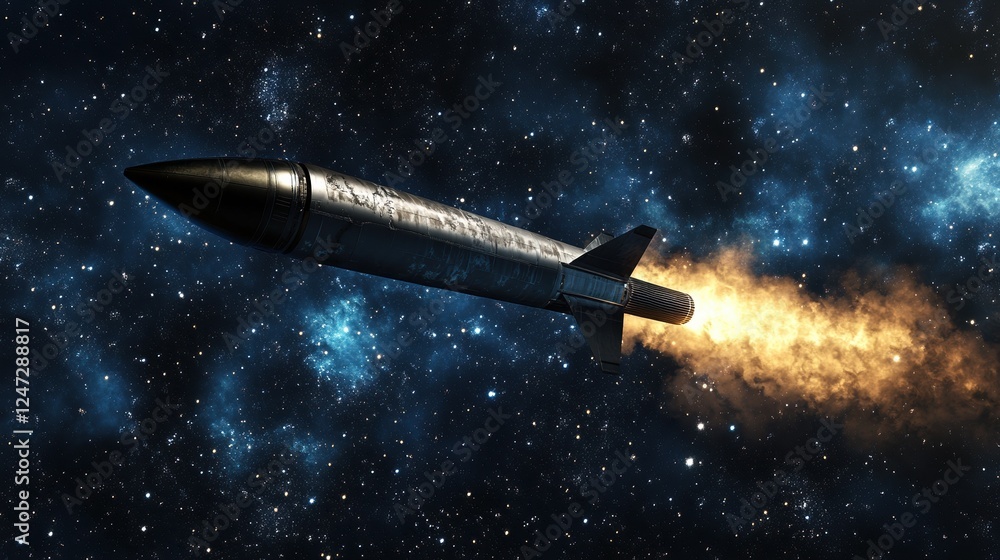 Poster creative launching rocket in starry dark sky. startup and exploration concept. 3d rendering.
