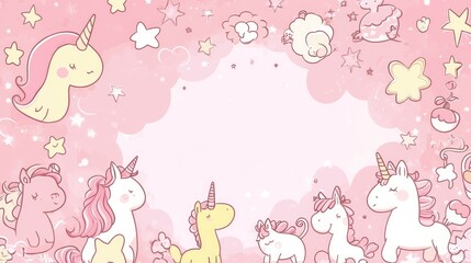A whimsical illustration featuring unicorns and clouds on a pink background, ideal for invitations.