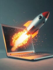 Startup concept with rocket flying out of laptop screen on gray background. Sideview, 3D Rendering