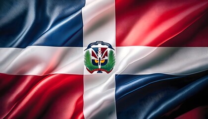 Fototapeta premium Vibrant Dominican Republic flag waving with luxurious satin texture - Patriotic and cultural symbol