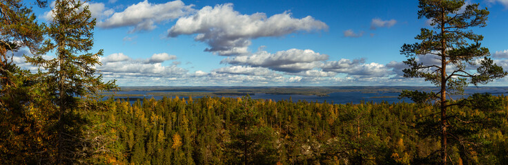 Breathtaking Panoramic View of Autumn Forest and Expansive Lake Under Cloudy Blue Sky
