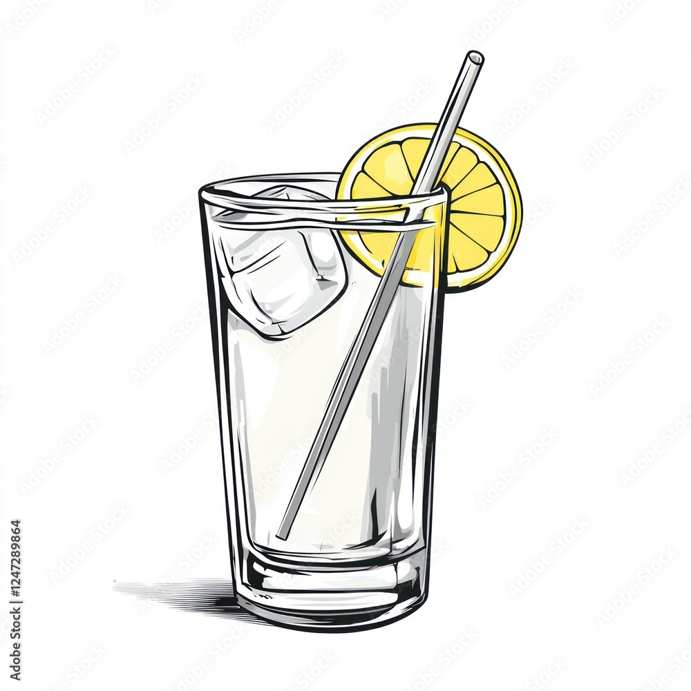 Poster Refreshing lemonade illustration with ice and lemon slice, for menu use