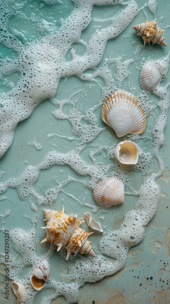 Poster delicate seashells of various shapes and sizes lay scattered on soft sand, kissed by frothy waves. a