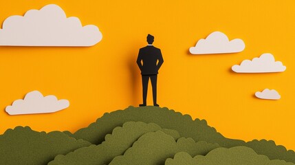 Visionary Leader Standing on Hilltop Overlooking Creative Landscape of Paper Cut Design