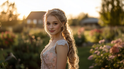 young girl in a pink dirndl dress with flowers and a sunny day