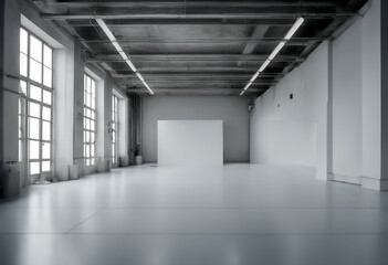 wall empty office white industrial style blank loft interior room floor modern window render light hall space concept clean business background design nobody sample studio template place
