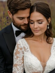 Romantic Couple Embraces in a Whimsical Field Surrounded by Nature's Beauty