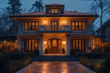 Luxurious house illuminating the neighborhood at twilight with elegant lights