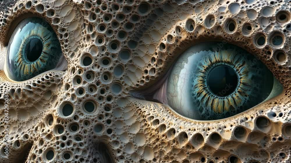 Poster surreal face of a creature with captivating eyes showcasing intricate details resembling organic str