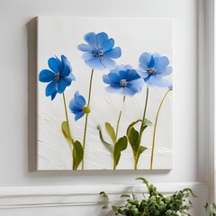 Minimalistic oil painting of abstract three blue flowers