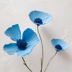 Minimalistic oil painting of abstract three blue flowers