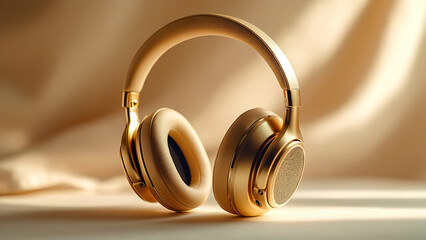Golden headphones on a neutral beige background with soft lighting, copy space. A lively atmosphere for music enjoyment and relaxation.